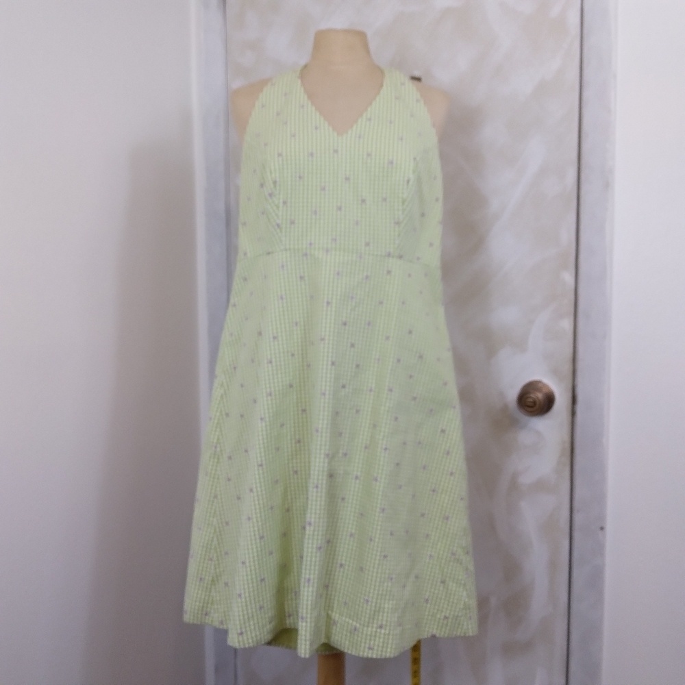 Size 6 Liz Claiborne Green Gingham Halter Dress with Tiny Pink & Purple Flowers